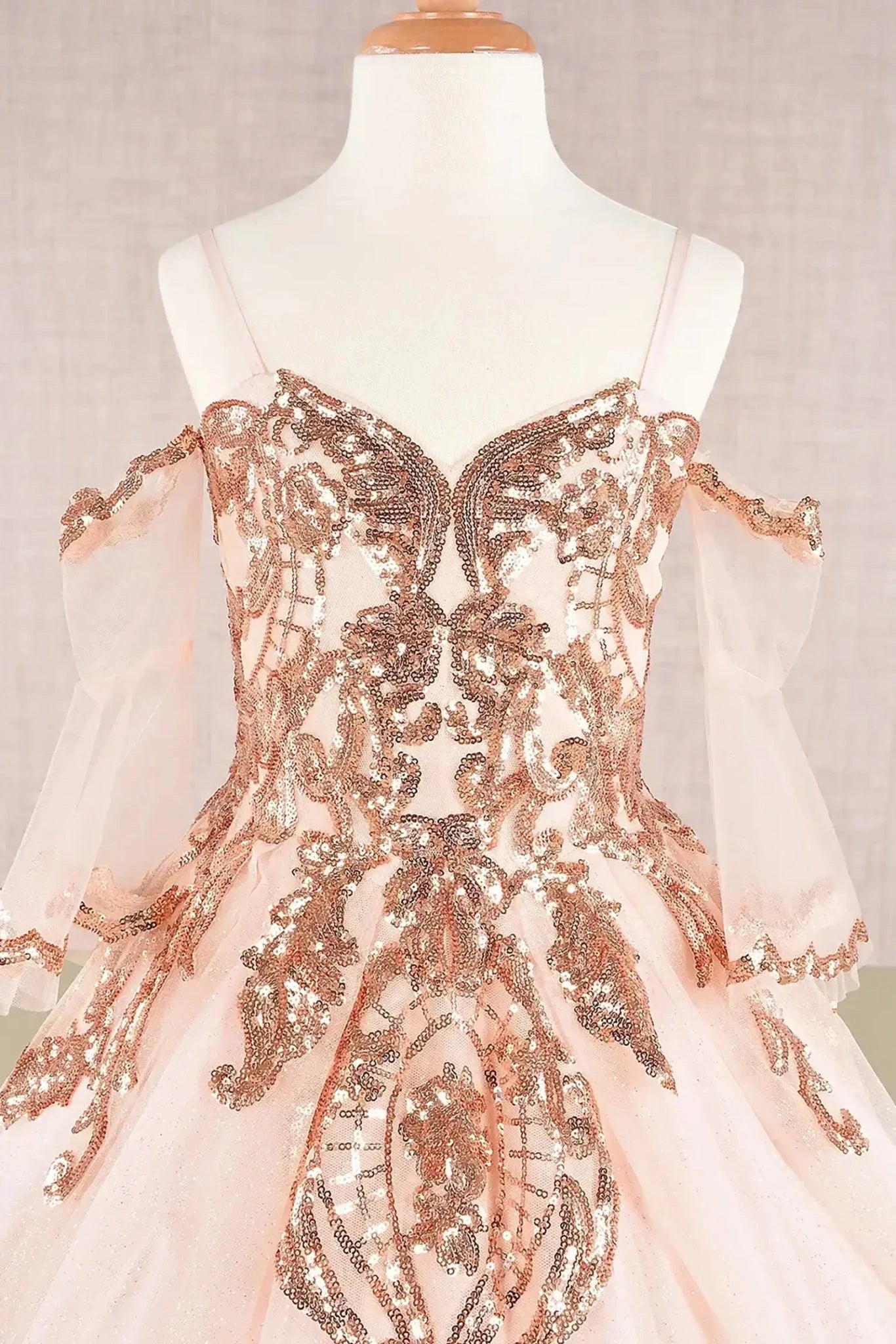 Close-up of Champagne Kids Dress with Glitter Sequin Mesh and Detachable Sleeves, Mini Quince Dress.
