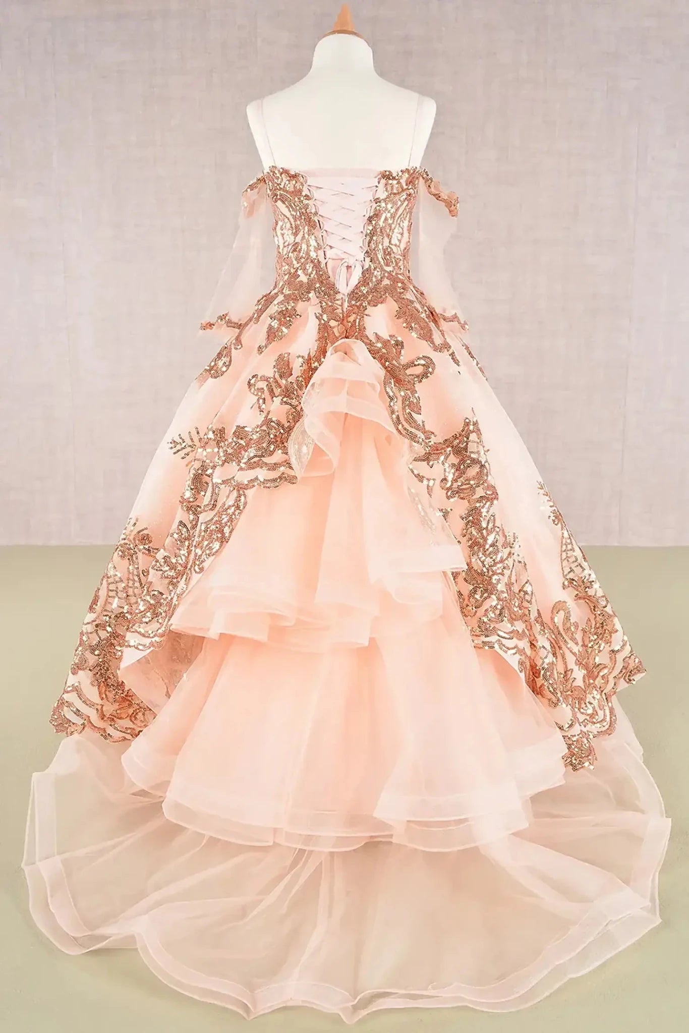 Back view of Champagne Kids Dress with Glitter Sequin Mesh and Detachable Sleeves, Mini Quince Dress.