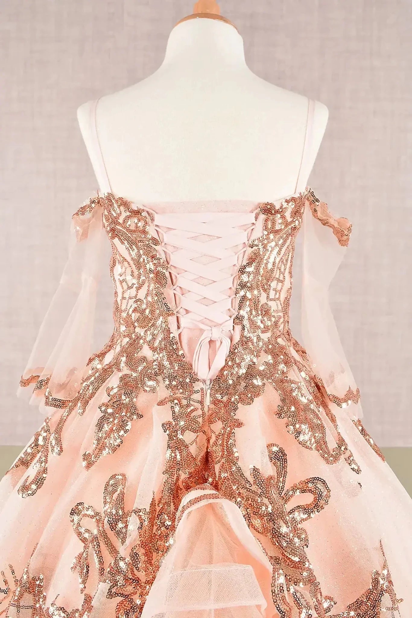 Close-up of Champagne Kids Dress with Glitter Sequin Mesh and Detachable Sleeves, Mini Quince Dress.