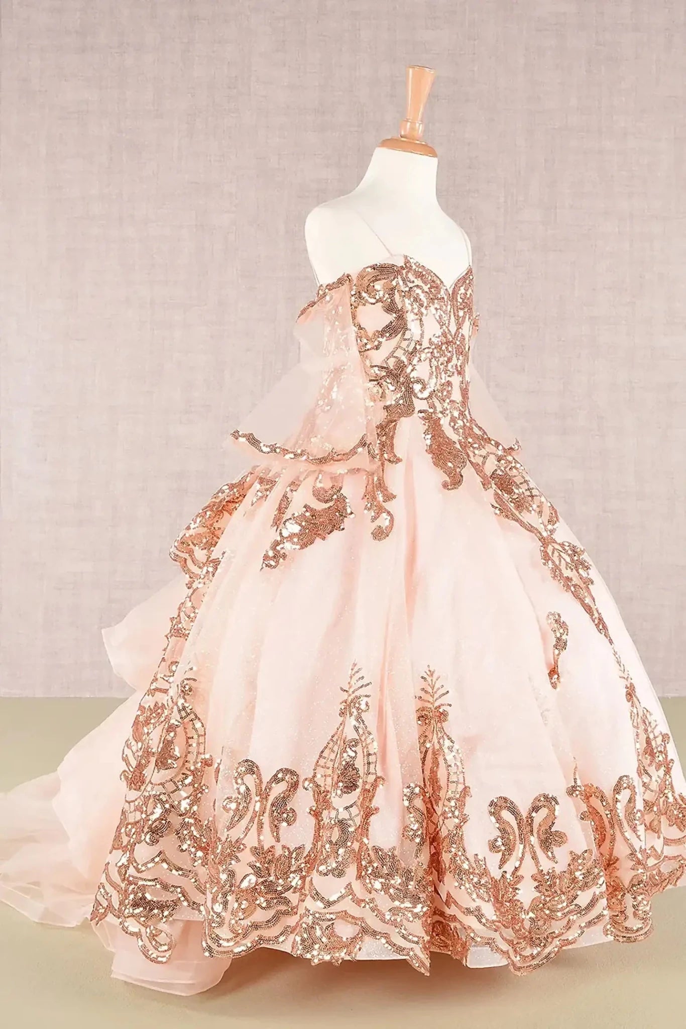 Side view of Champagne Kids Dress with Glitter Sequin Mesh and Detachable Sleeves, Mini Quince Dress.