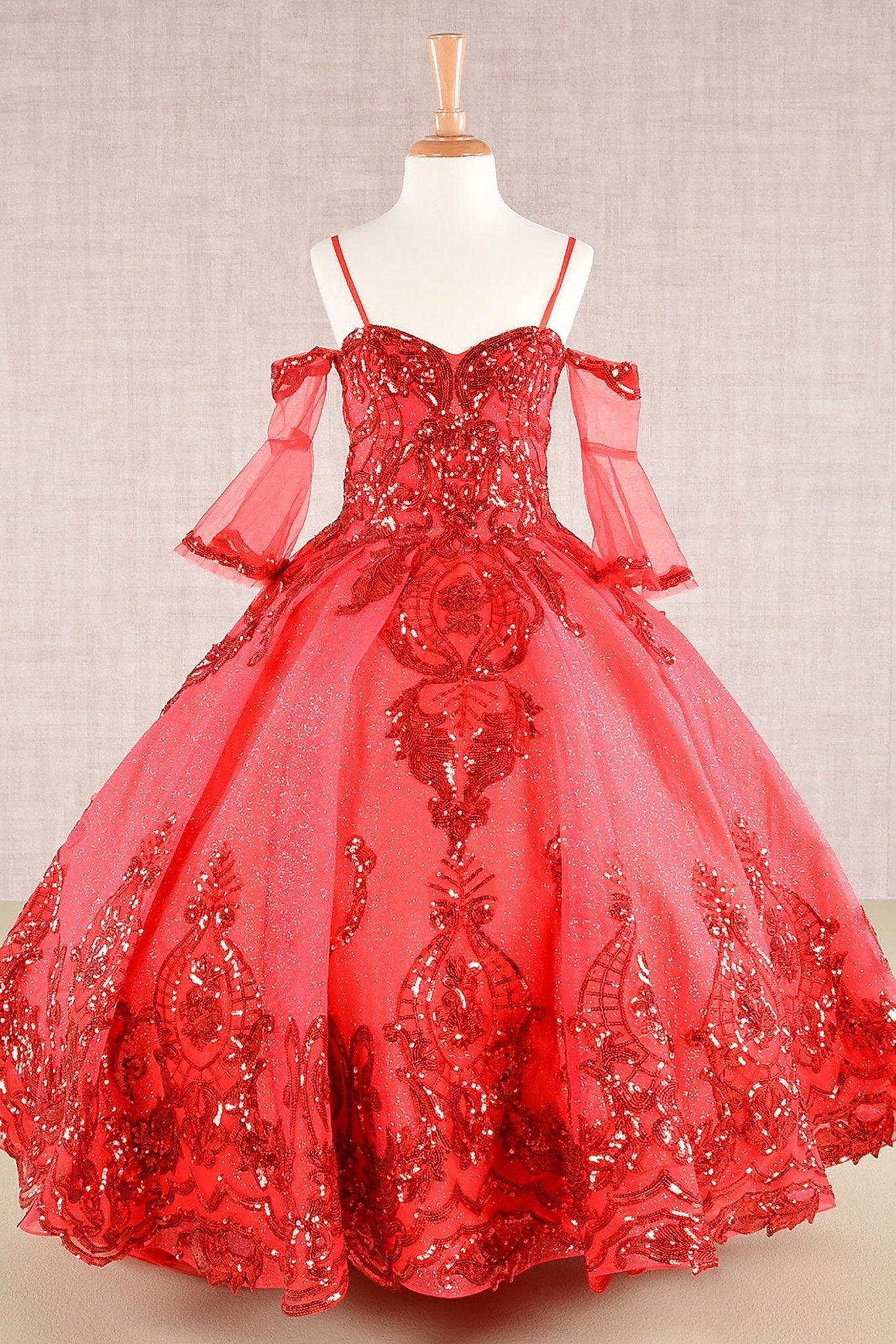Front view of Red Kids Dress with Glitter Sequin Mesh and Detachable 3/4 Sleeves, Mini Quince Dress.