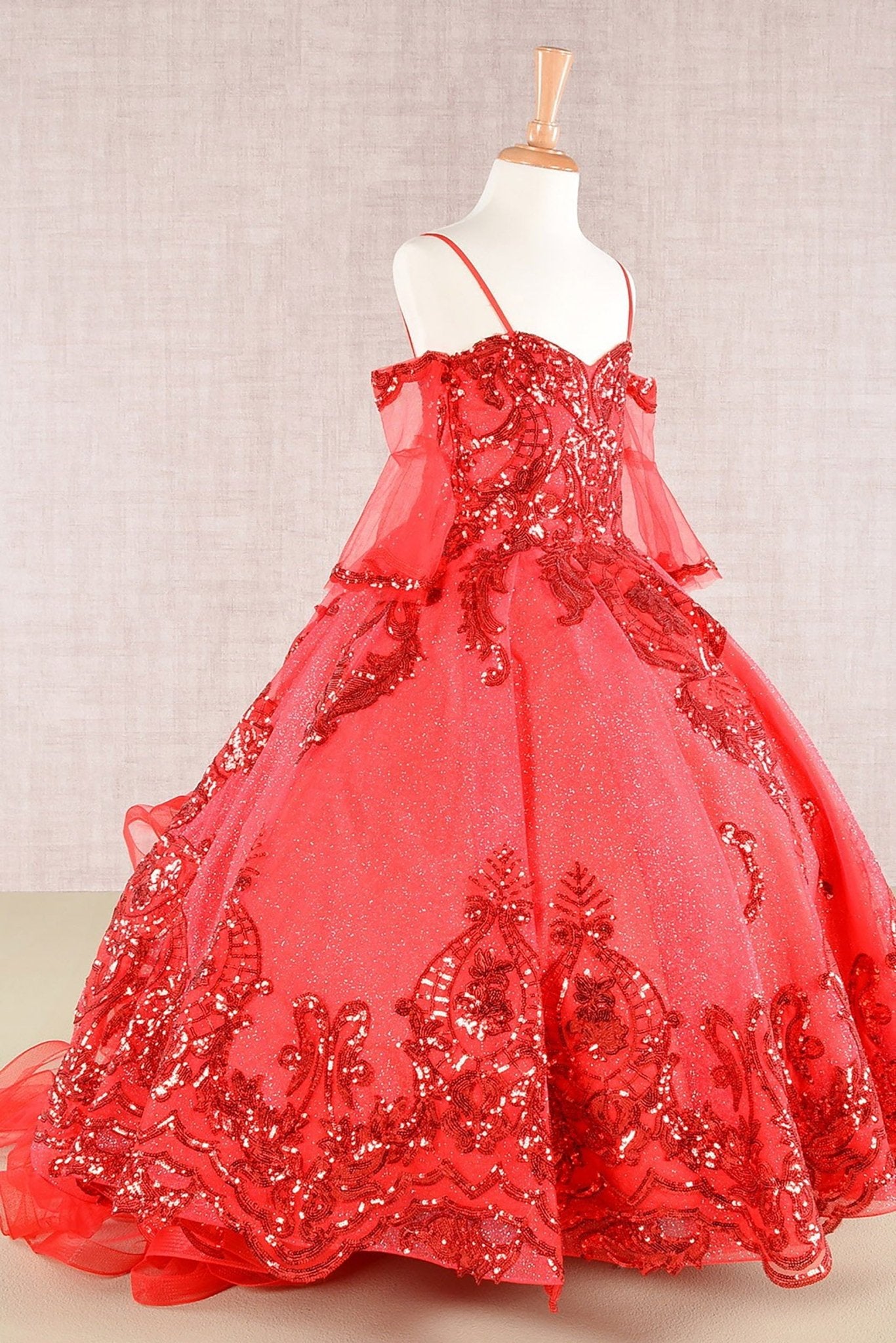 Front view of Red Kids Dress with Glitter Sequin Mesh and Detachable 3/4 Sleeves, Mini Quince Dress.