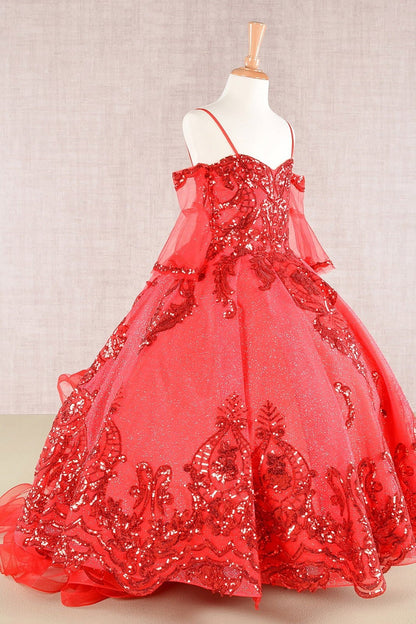 Front view presents red Kids Dress with Glitter Sequin Mesh and Detachable 3/4 Sleeves, Mini Quince Dress.