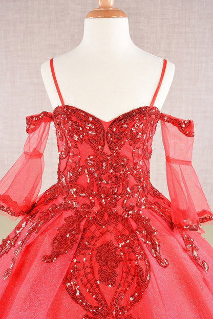 Close-up view reveals Red mini quince dress with a close-up of red glitter sequin mesh bodice.