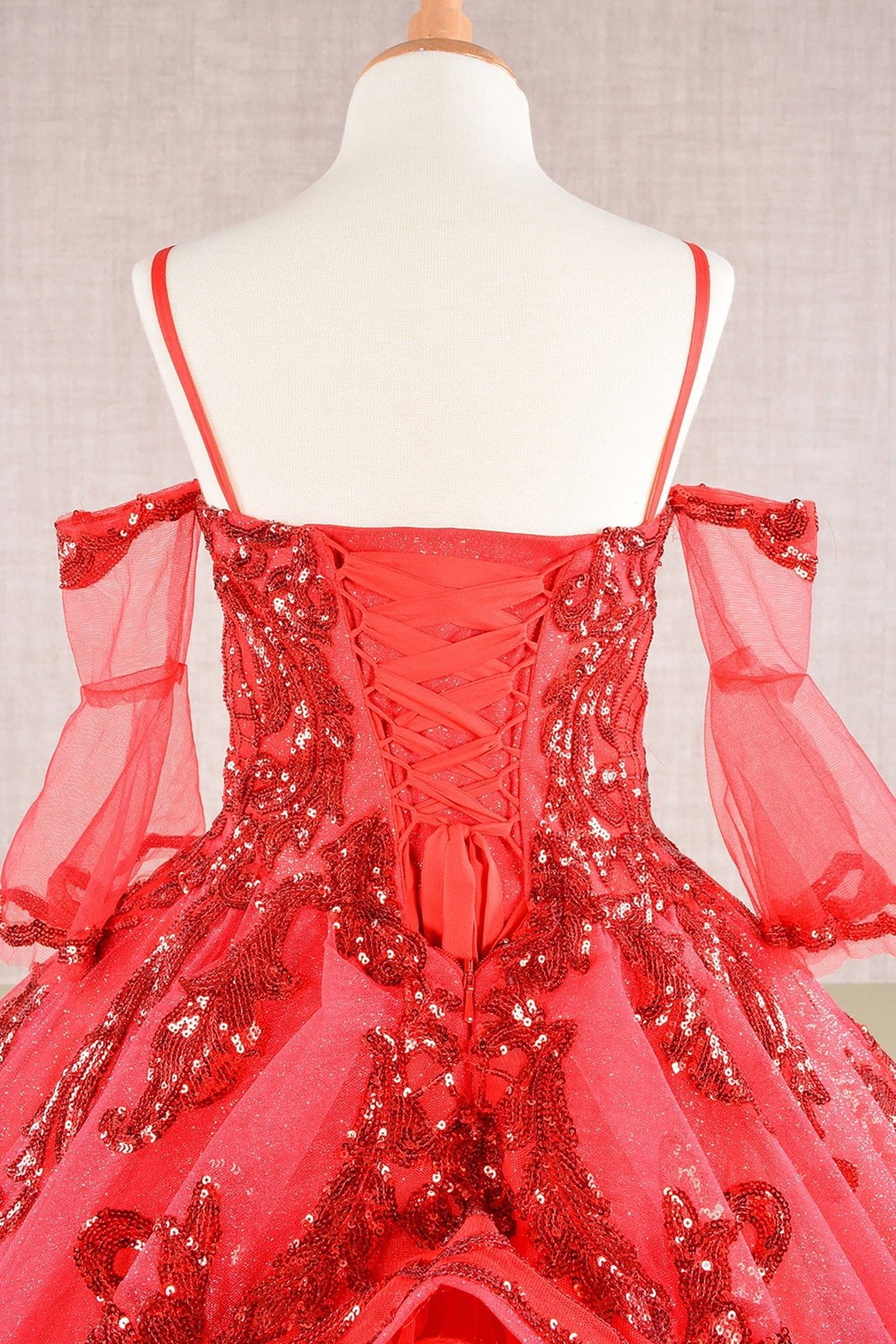 Close-up of Red Kids Dress with Glitter Sequin Mesh and Detachable 3/4 Sleeves, Mini Quince Dress.