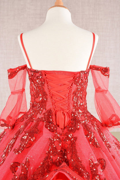 Detailed view highlights red Kids Dress with Glitter Sequin Mesh and Detachable 3/4 Sleeves, Mini Quince Dress.