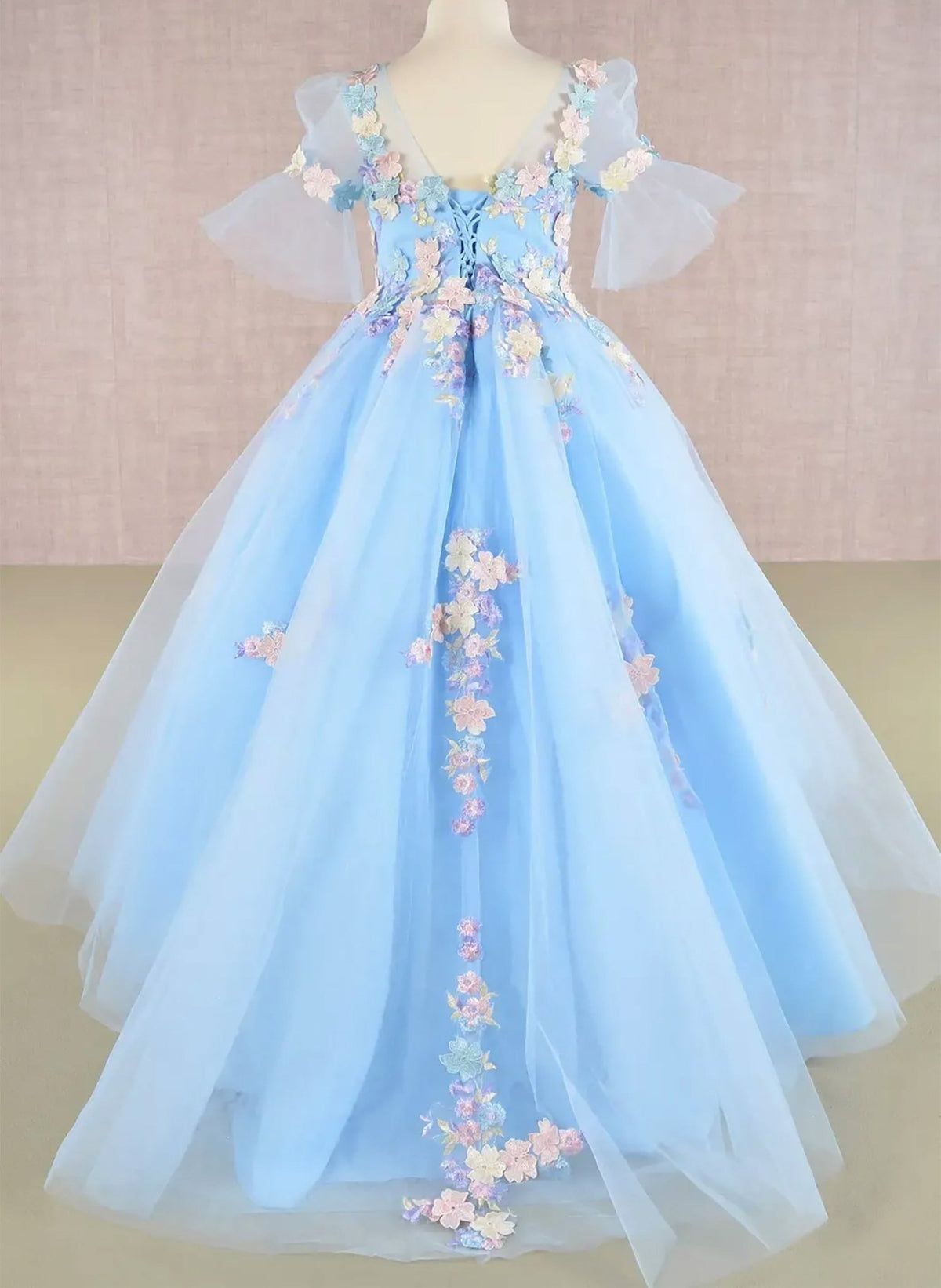 Front view of blue Baby Blue Kids Dress with 3D Floral Applique, Puff Sleeves and Back Hem, Mini Quince Dress.