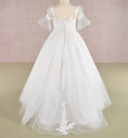 Back view off-white kids mini quinceañera ball gown with 3D floral appliques, puff sleeves and dramatic sweep train and lace back up
