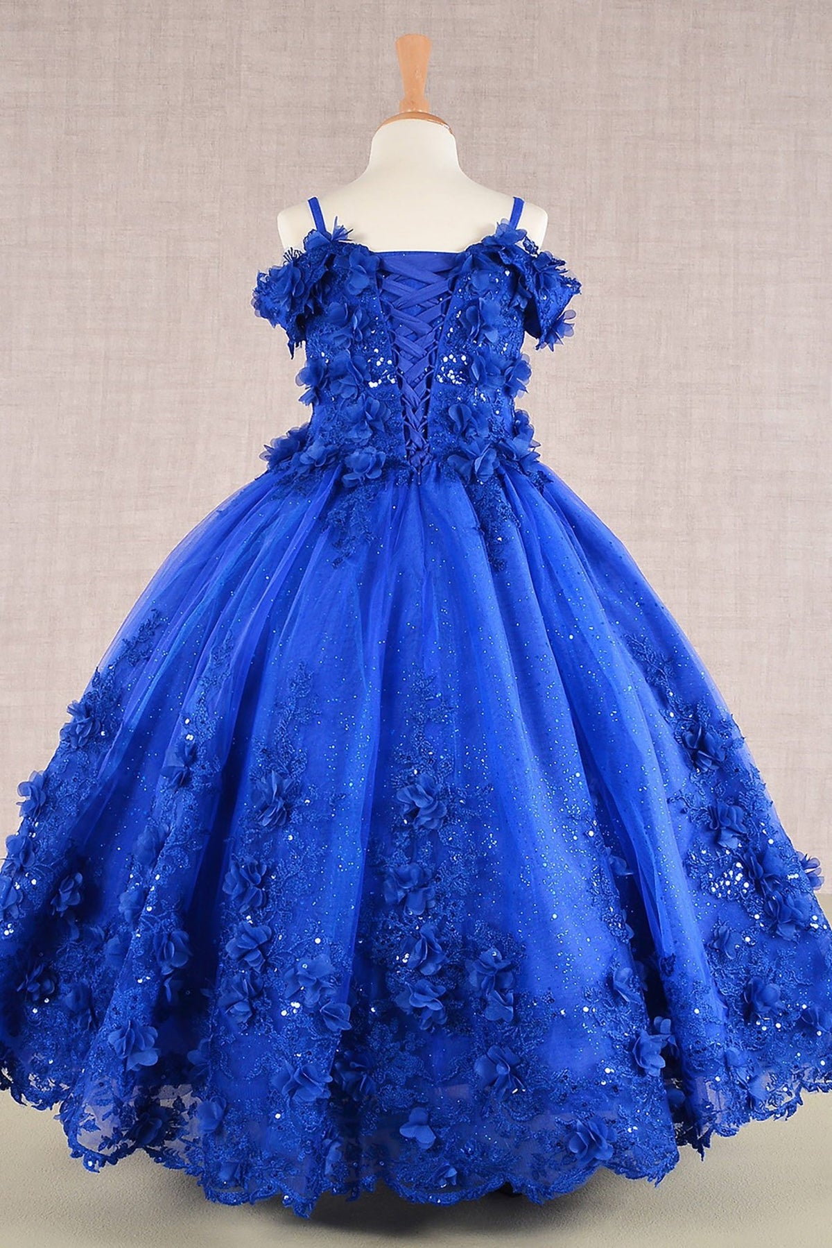 Front view of blue Royal Blue Kids Dress with 3D Floral Applique and Glitter Embroidery Mesh, Mini Quince Dress.