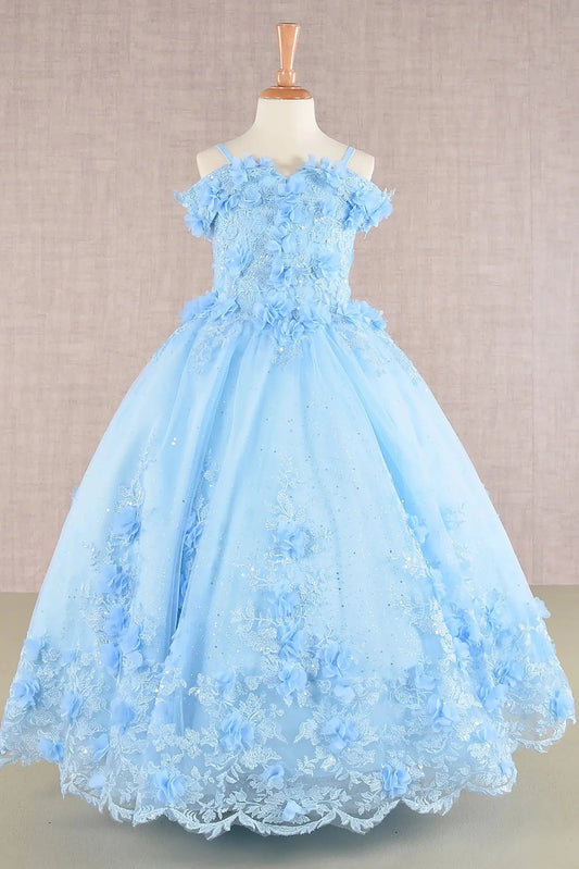 Baby blue kids mini quinceañera mini quince dress with 3D floral applique bodice and sparkling glitter embroidery mesh skirt.