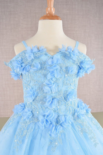 Close-up view reveals blue Baby Blue Kids Dress with 3D Floral Applique and Glitter Embroidery Mesh, Mini Quince Dress.