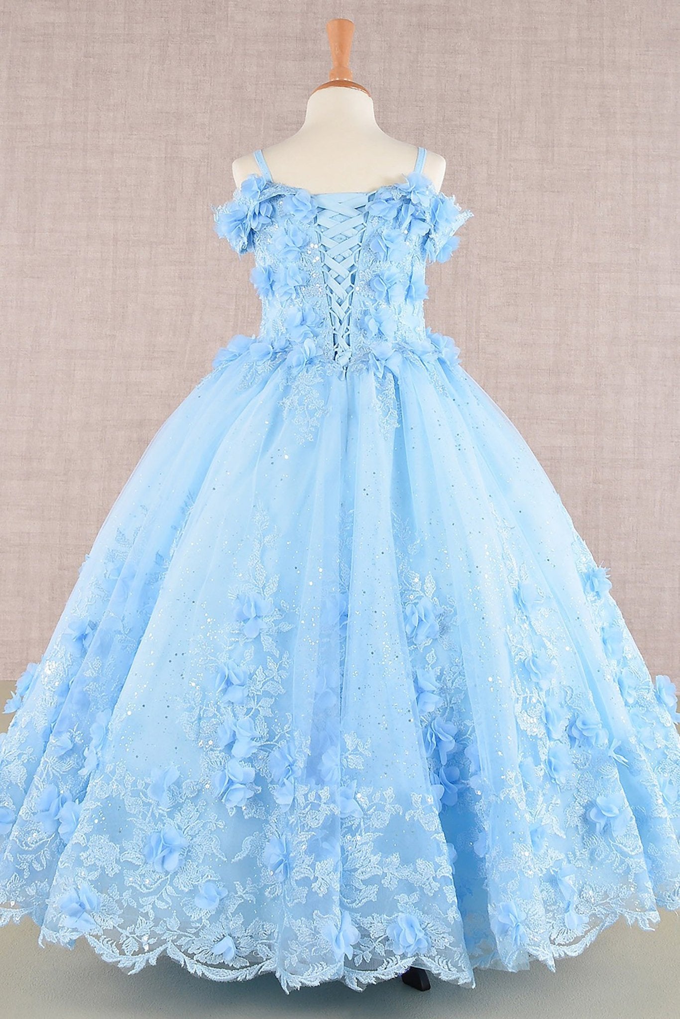 Front view of blue Baby Blue Kids Dress with 3D Floral Applique and Glitter Embroidery Mesh, Mini Quince Dress.