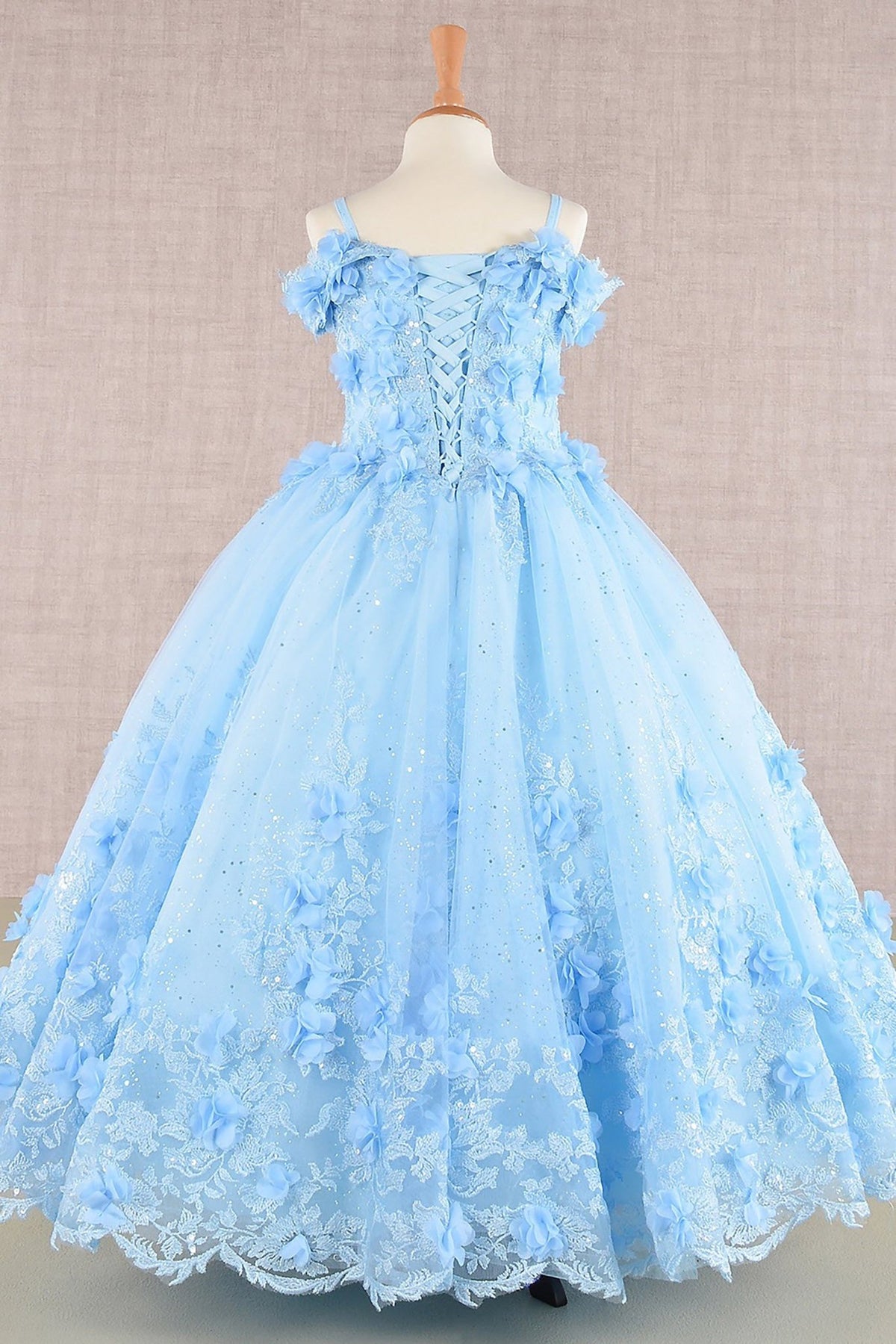 Front view of blue Baby Blue Kids Dress with 3D Floral Applique and Glitter Embroidery Mesh, Mini Quince Dress.