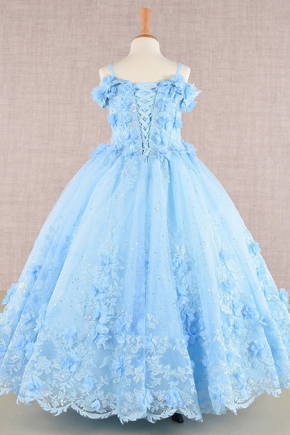 Full-length view highlights blue Baby Blue Kids Dress with 3D Floral Applique and Glitter Embroidery Mesh, Mini Quince Dress.