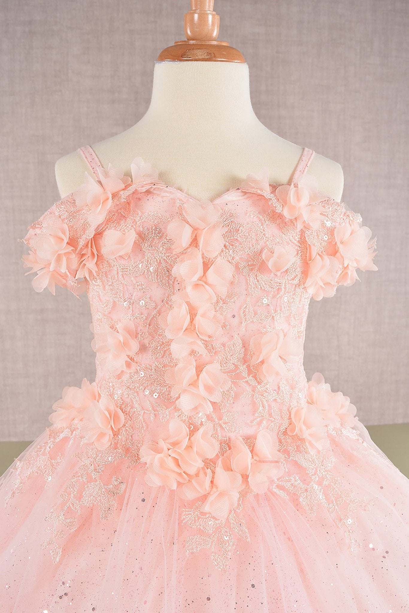 Close-up of Blush Kids Dress with 3D Floral Applique and Glitter Embroidery Mesh, Mini Quince Dress.