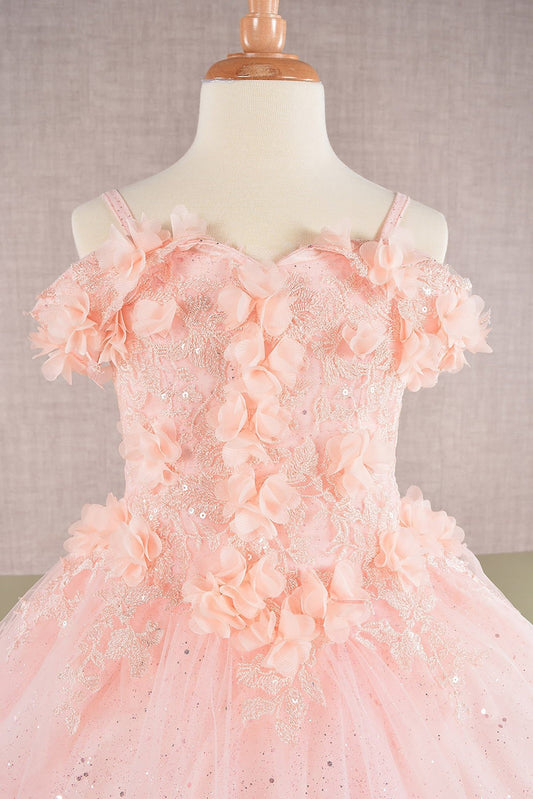 Close-up of Blush Kids Dress with 3D Floral Applique and Glitter Embroidery Mesh, Mini Quince Dress.
