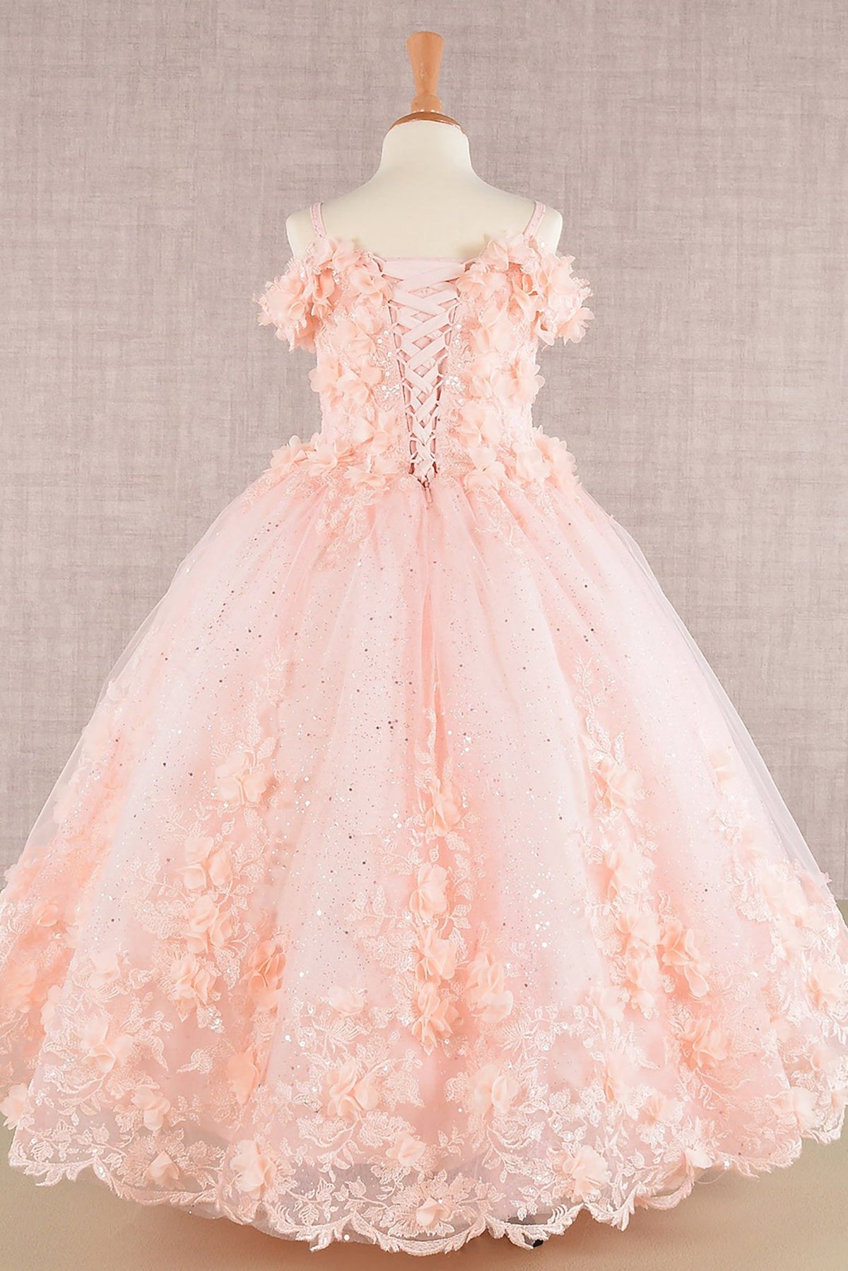 Front view of Blush Kids Dress with 3D Floral Applique and Glitter Embroidery Mesh, Mini Quince Dress.