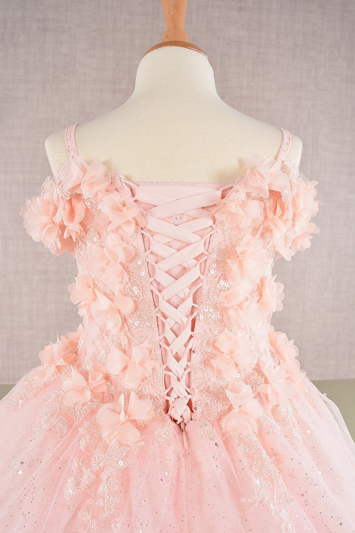 Close-up of Blush Kids Dress with 3D Floral Applique and Glitter Embroidery Mesh, Mini Quince Dress.