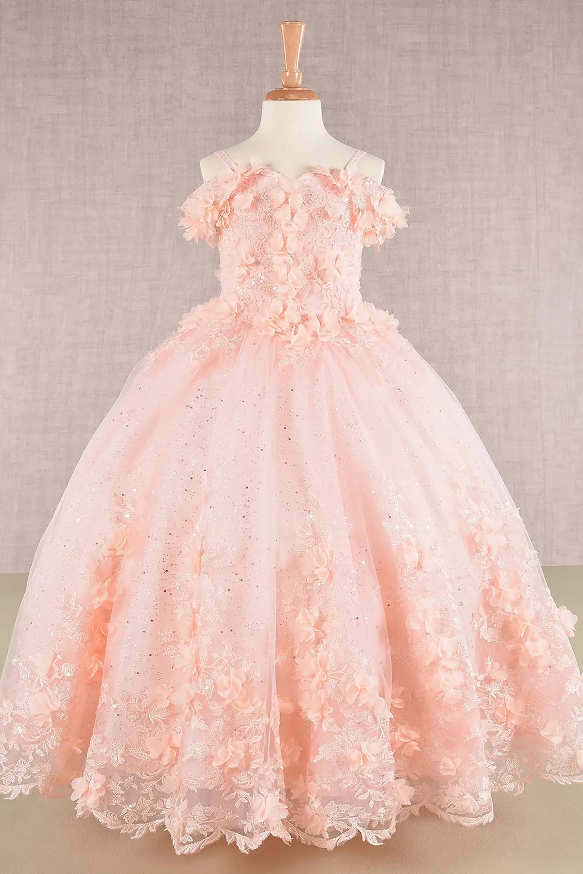 Front view of Blush Kids Dress with 3D Floral Applique and Glitter Embroidery Mesh, Mini Quince Dress.