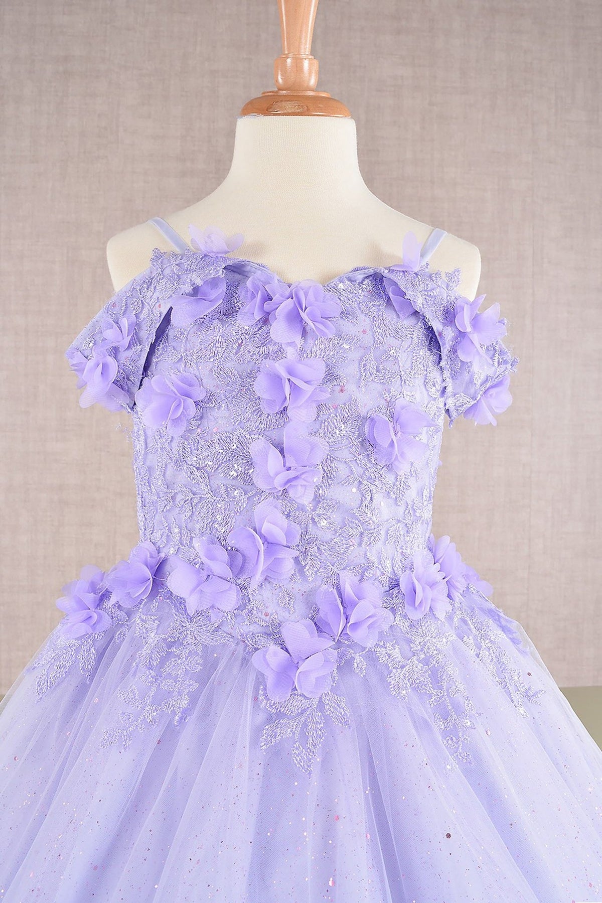 Close-up of Lilac Kids Dress with 3D Floral Applique and Glitter Embroidery Mesh, Mini Quince Dress.