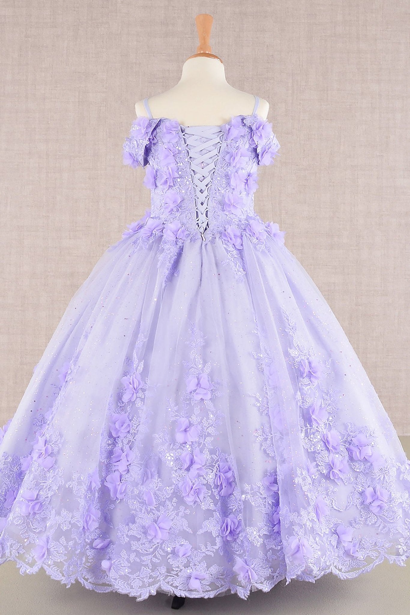 Front view of Lilac Kids Dress with 3D Floral Applique and Glitter Embroidery Mesh, Mini Quince Dress.