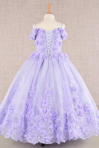 Full-length view highlights lilac Kids Dress with 3D Floral Applique and Glitter Embroidery Mesh, Mini Quince Dress.