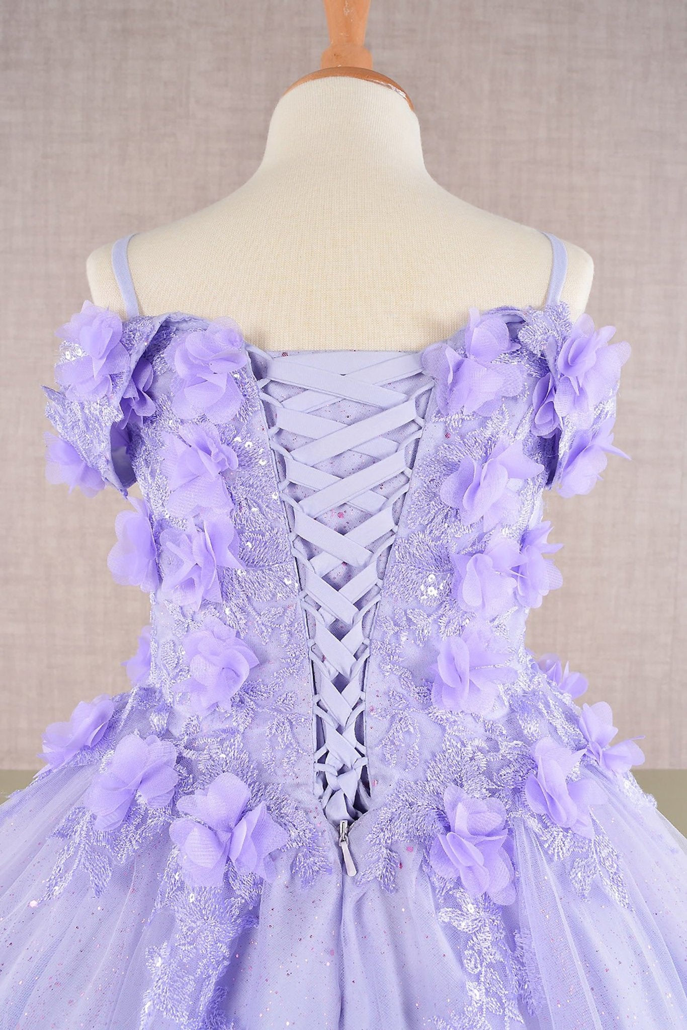 Close-up of Lilac Kids Dress with 3D Floral Applique and Glitter Embroidery Mesh, Mini Quince Dress.