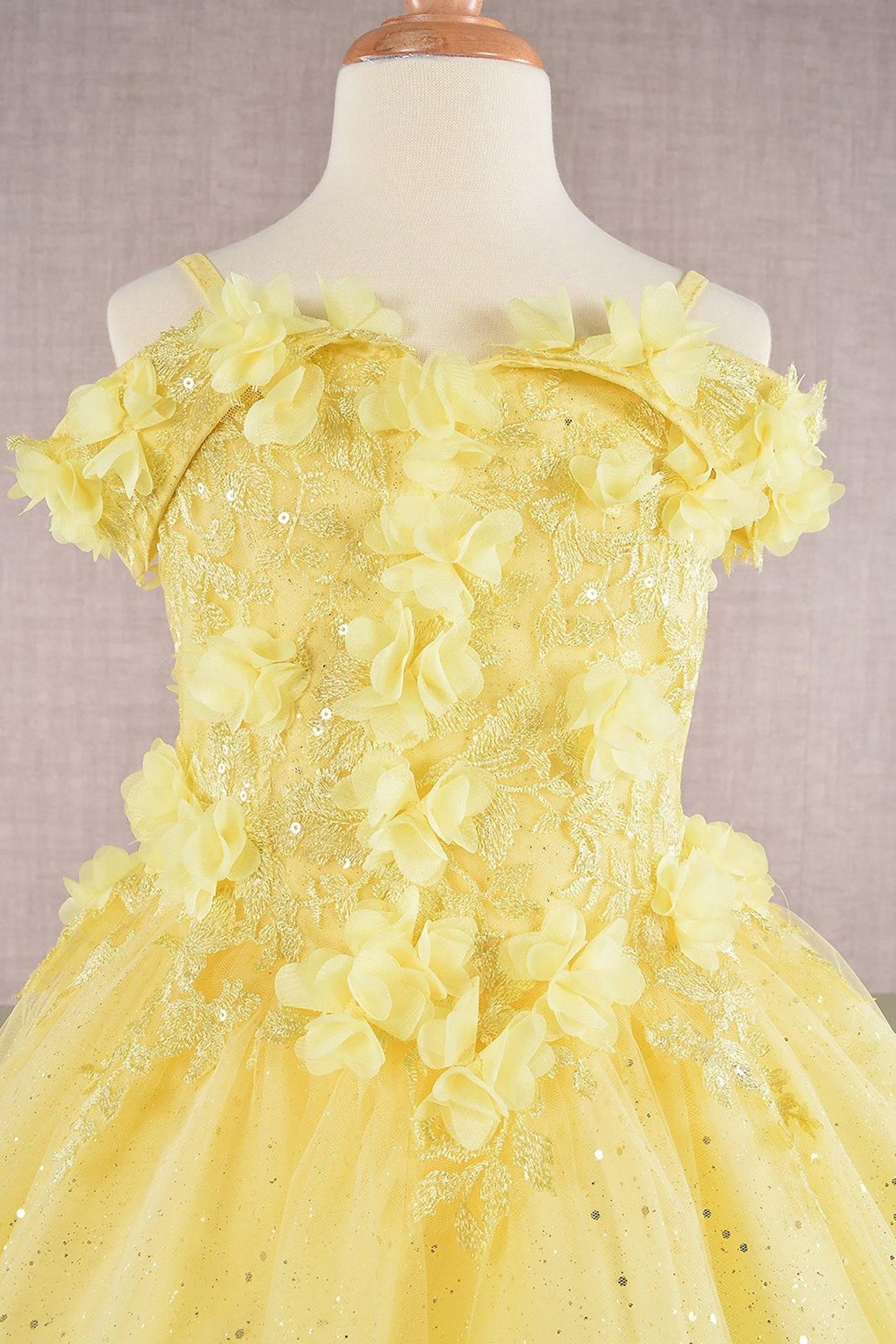 Close-up of Yellow Kids Dress with 3D Floral Applique and Glitter Embroidery Mesh, Mini Quince Dress.