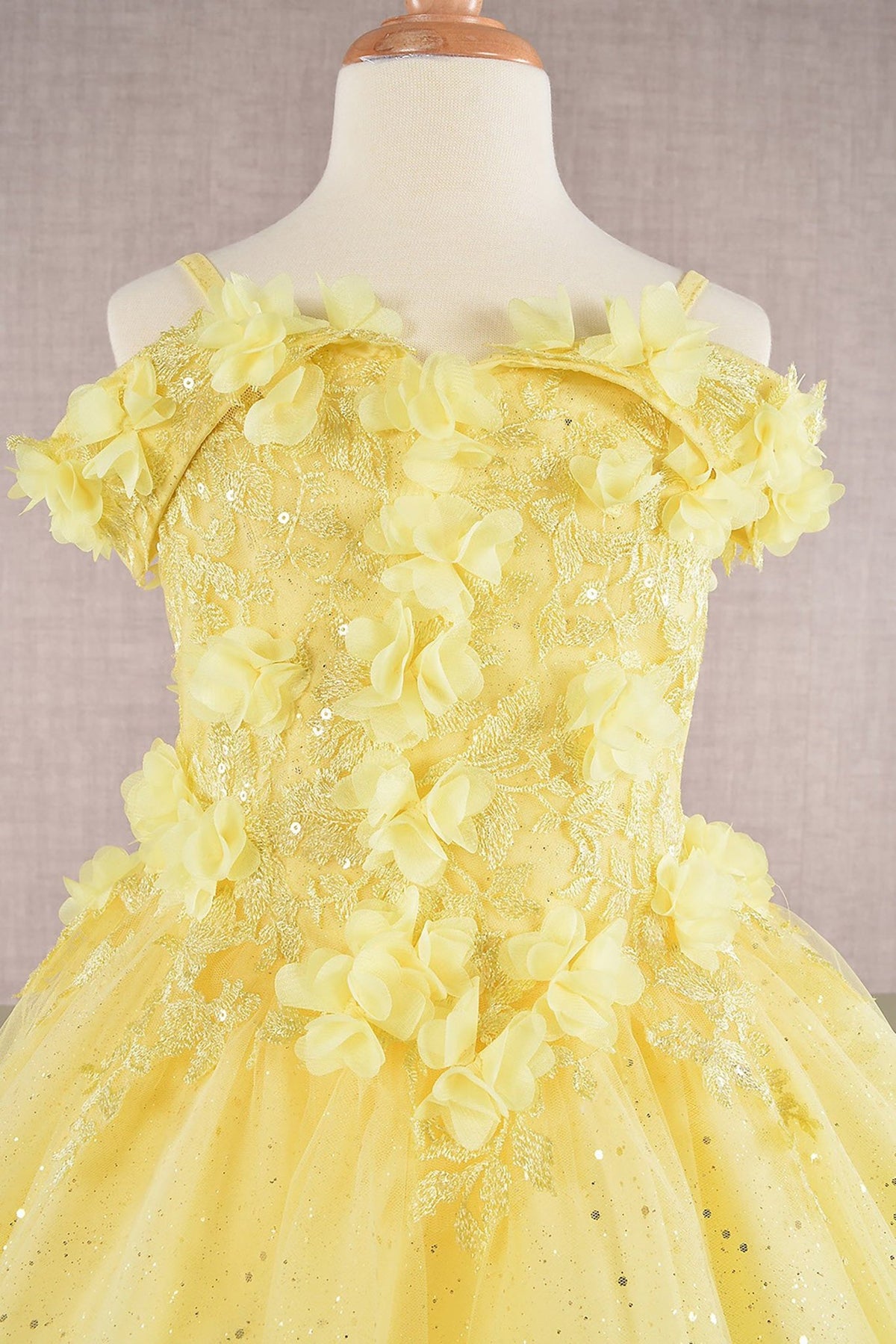 Close-up of Yellow Kids Dress with 3D Floral Applique and Glitter Embroidery Mesh, Mini Quince Dress.