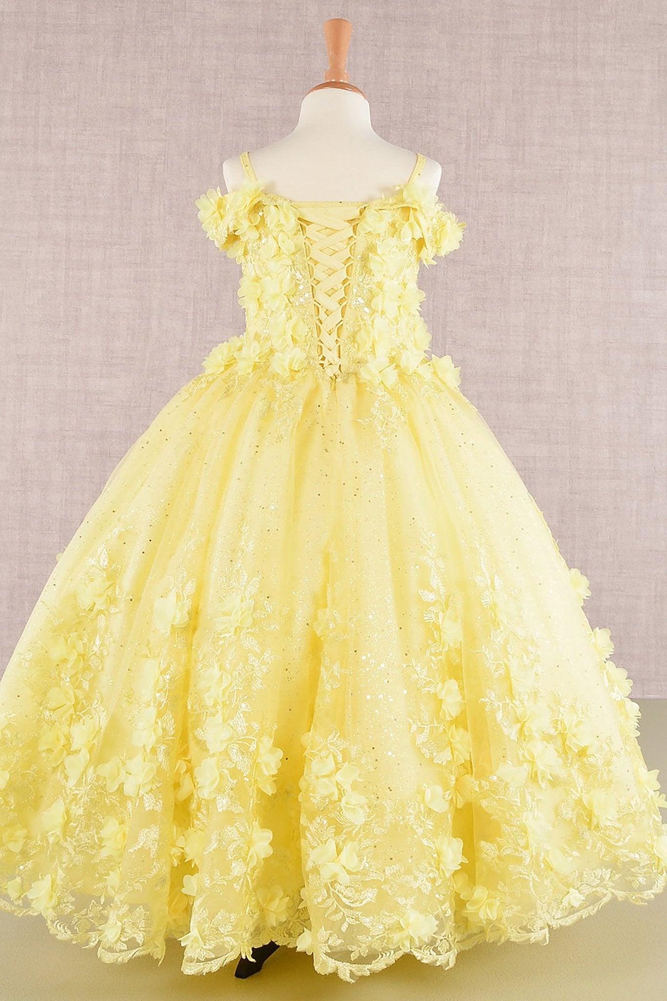 Front view of Yellow Kids Dress with 3D Floral Applique and Glitter Embroidery Mesh, Mini Quince Dress.