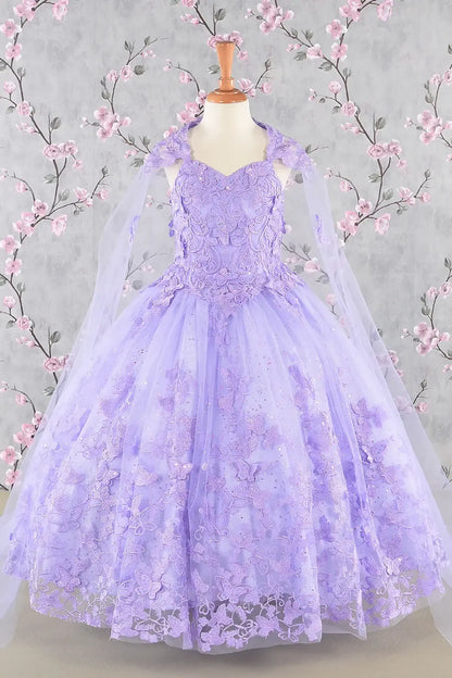 Front view of lilac kids mini quinceañera dress with 3D butterfly appliques, sequin-embellished bodice, glitter tulle skirt, and flowing mesh cape