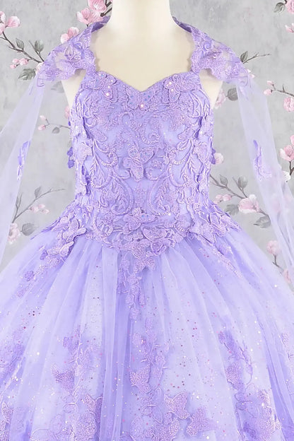 Front zoom view of a lilac kids ball gown with 3D butterflies, sequins, and detachable mesh cape