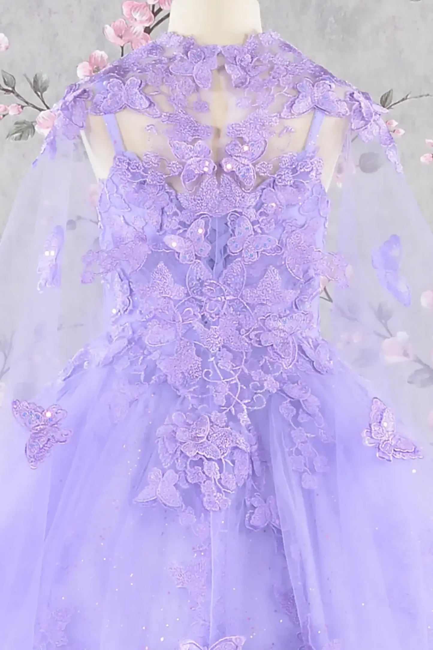 Zoom view lilac lace kids dress highlighting lace texture and embellishments