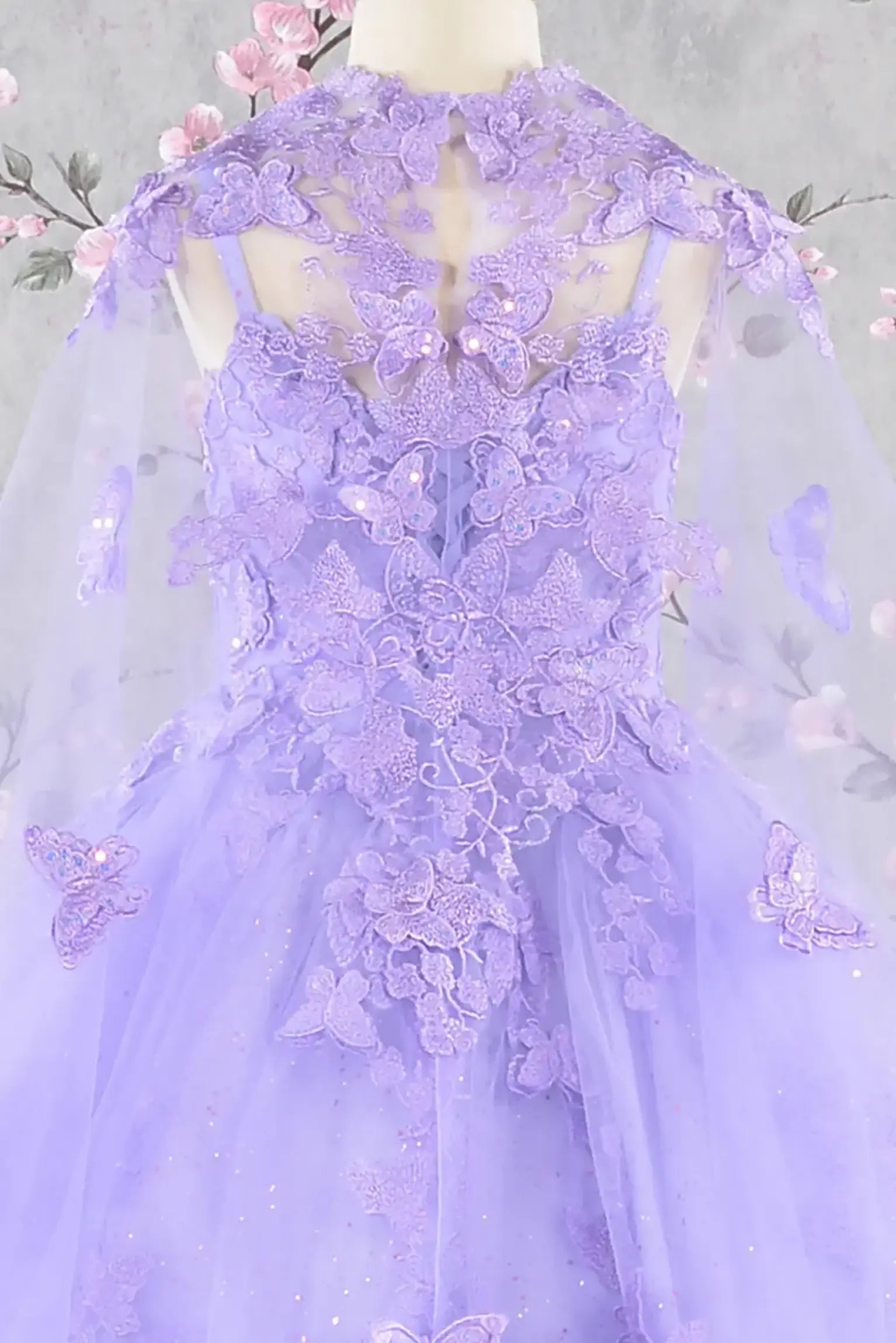 Zoom view lilac lace kids dress highlighting lace texture and embellishments