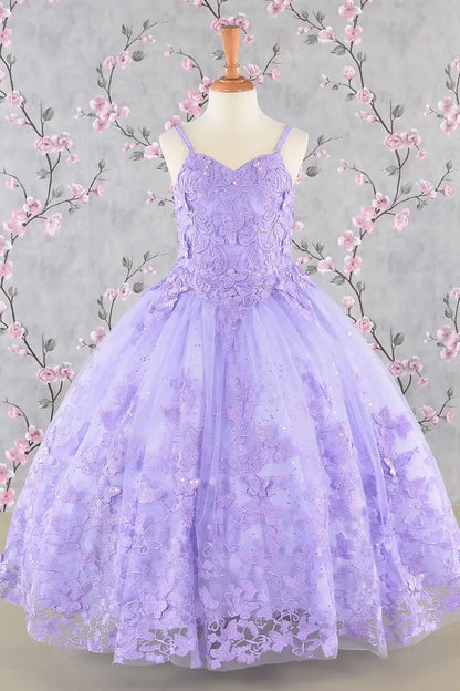 Front view of lilac kids mini quinceañera dress with 3D butterfly appliques, sequin-embellished bodice and glitter tulle skirt