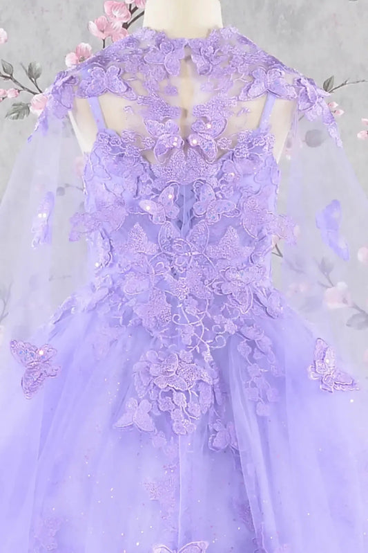 Zoom view lilac lace kids dress highlighting lace texture and embellishments