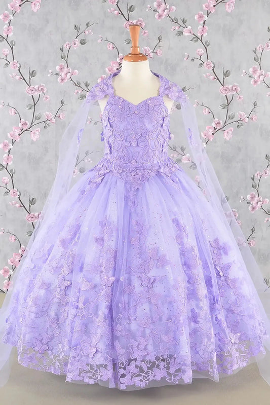 Front view of lilac kids mini quinceañera mini quince dress with 3D butterfly appliques, sequin-embellished bodice, glitter tulle skirt, and flowing mesh cape.