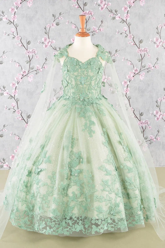 Sage green kids mini quinceañera mini quince dress with 3D butterfly appliques, sequin-embellished bodice, glitter tulle skirt, and flowing mesh cape.