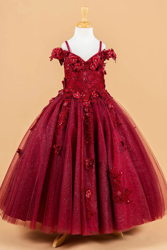 Burgundy kids mini quinceañera mini quince dress with 3D flower and butterfly applique bodice and glitter tulle layered skirt.