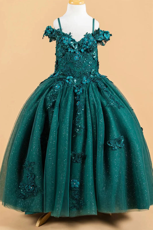 Emerald kids mini quinceañera mini quince dress with 3D floral applique bodice, boat neckline, cold shoulder sleeves, and glitter tulle layered skirt.