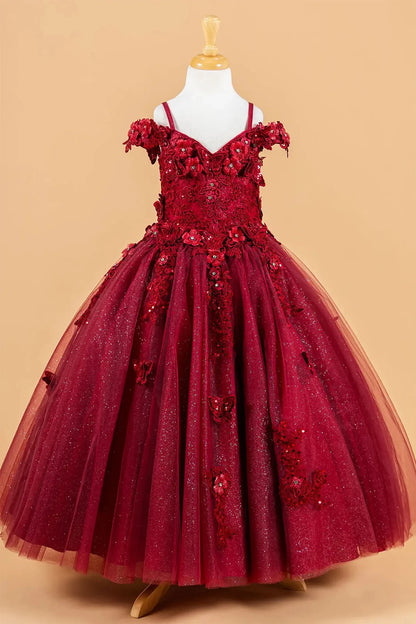burgundy kids mini quinceañera dress with 3D flower and butterfly appliqué bodice and glitter tulle layered skirt