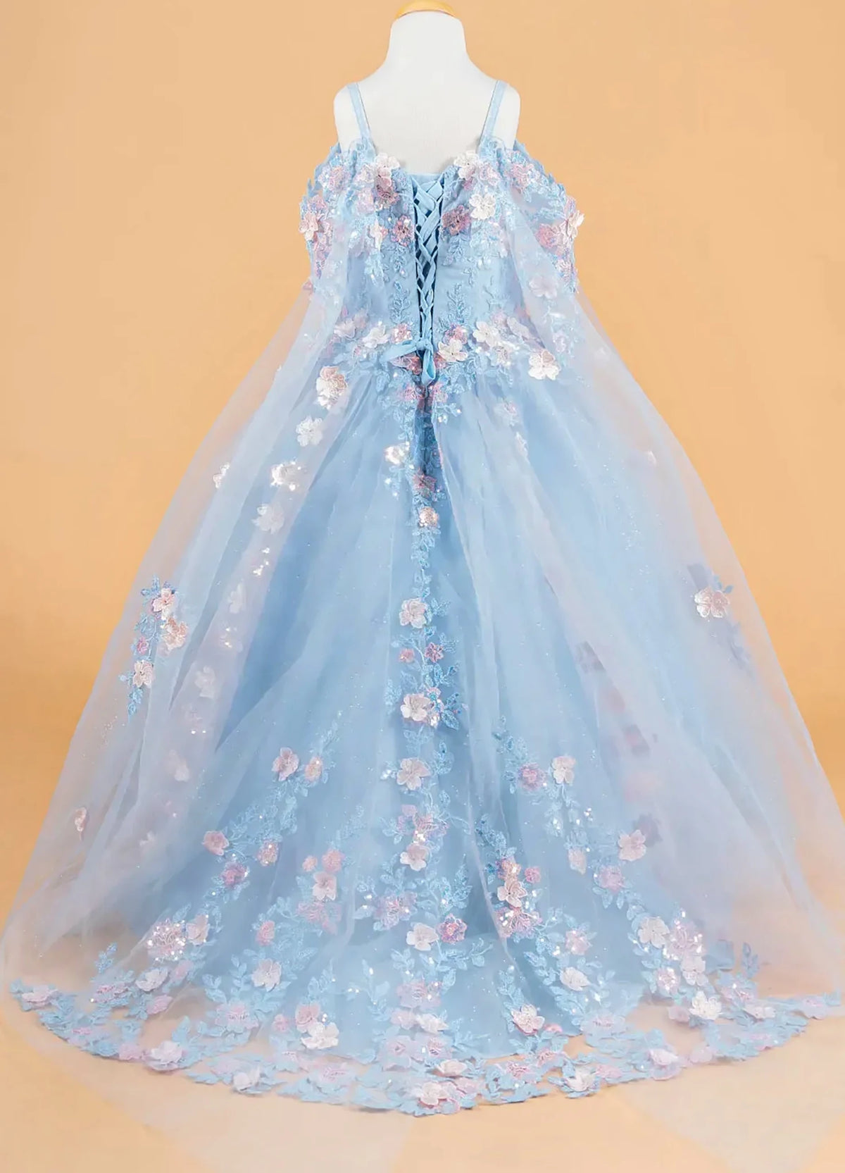 Light blue kids floral mini quince dress displayed.