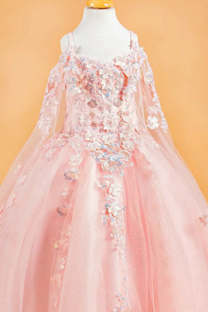 blush long lace sleeves kid floral dress with lace floral appliques on a long train