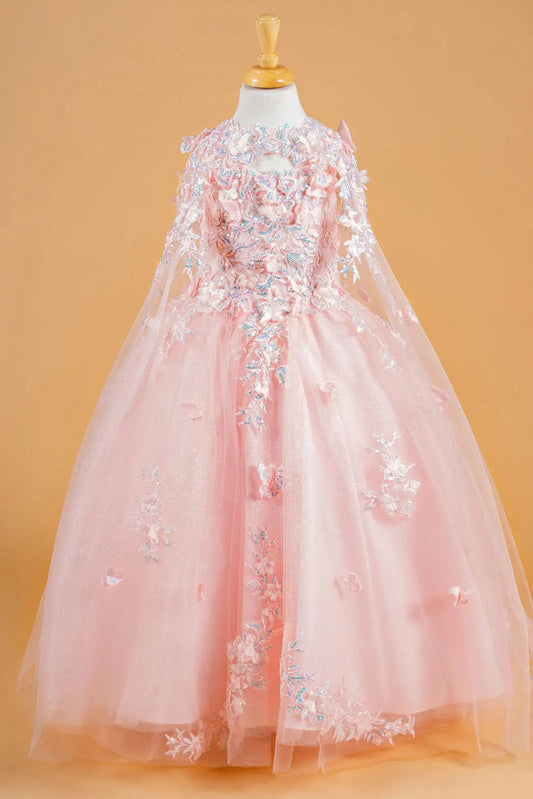 Blush kids mini quinceañera mini quince dress with 3D flower and butterfly applique bodice, sparkling tulle skirt, and flowing tunic overlay.