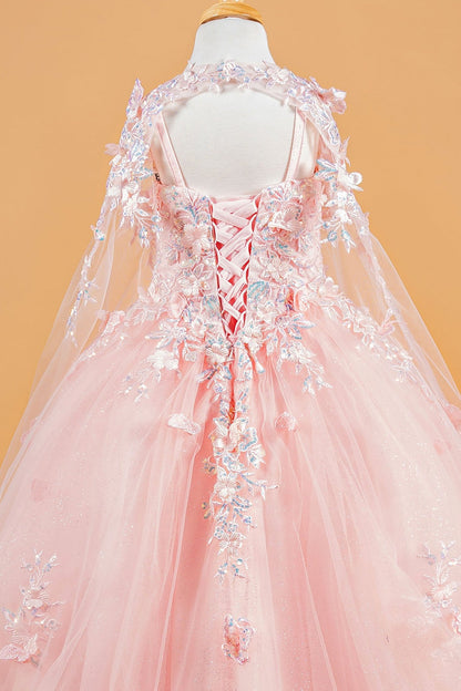 Back detail shows a blush kids mini quinceañera mini quince dress showcasing 3D flower and butterfly appliques with matching tunic.