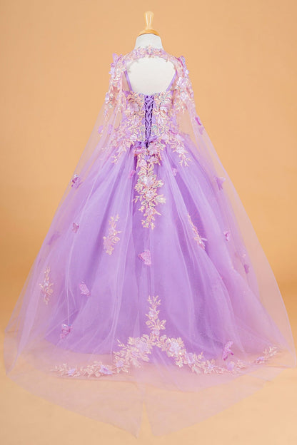 Rear view reveals lilac kids mini quinceañera mini quince dress with 3D flower and butterfly appliques and matching tunic.