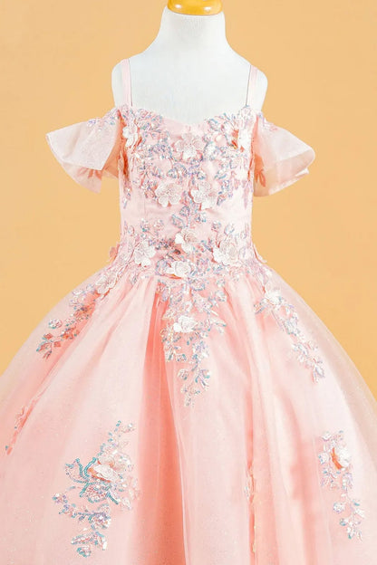 Front zoom view of a blush kids cold shoulder ball gown highlighting 3D flowers, sequins, and lace-up back