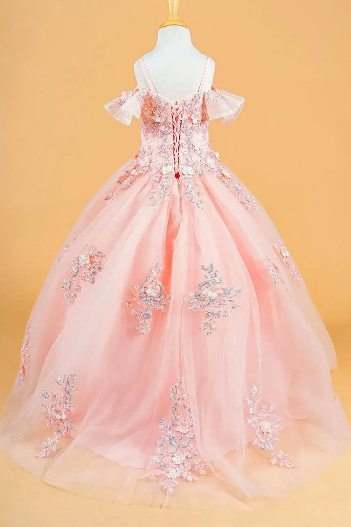 Back blush kids cold shoulder mini quince dress with 3D flowers, sequins, and lace-up back.