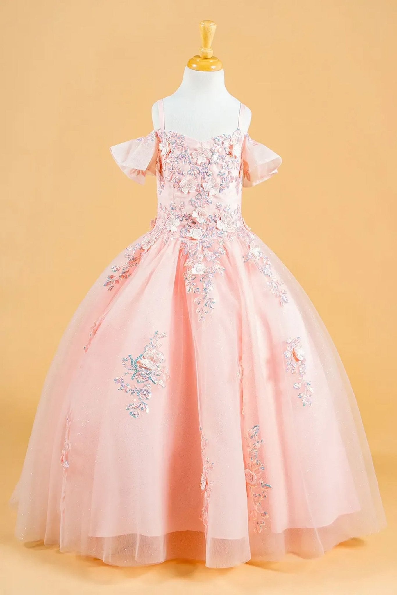 Front blush kids cold shoulder mini quince dress with 3D flowers, sequins, and lace-up back.