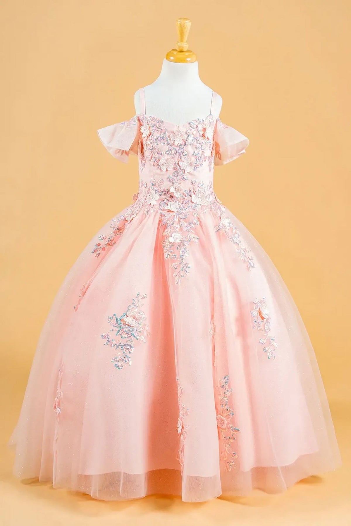 Front blush kids cold shoulder mini quince dress with 3D flowers, sequins, and lace-up back.